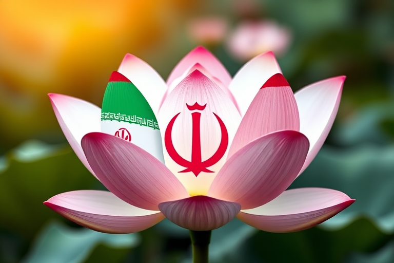 Create a high-resolution image of a lotus flower combining the flags of Iran and Tajikistan, with vibrant colors and clear details, shot with a DSLR camera at f/4 aperture, 50mm lens, and a soft-focus background for depth.