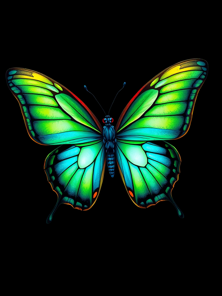 Create a vibrant illustration of a butterfly with intricate green and blue wings, set against a black background, with a macro view, using a digital camera style at a 50mm lens, aperture set to f/2.8, ISO 100, and a shutter speed of 1/200s for enhanced detail and clarity.