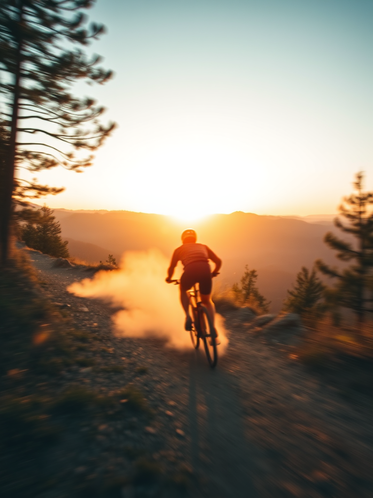 Blurry action shot of a cyclist racing down a mountain trail at sunset, dust kicking up behind them, with distant peaks barely visible through the soft golden light and trees swaying in the wind.