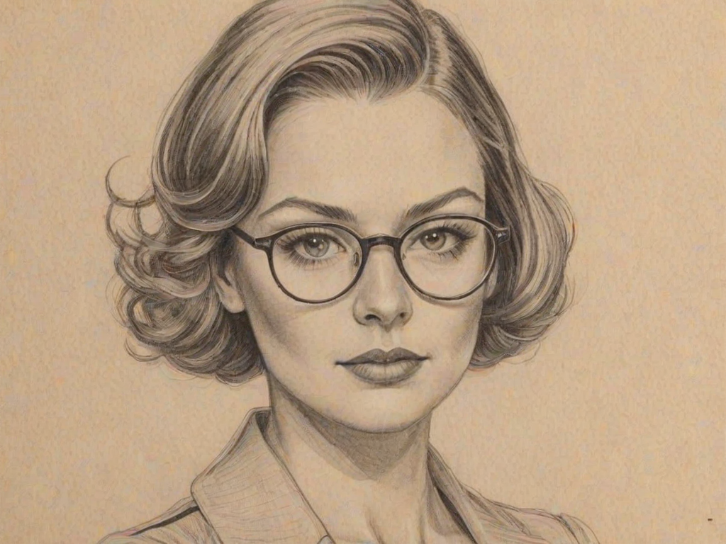 Splendid Billi Mucklow, pencil sketch, portrait of Enchanting woman 1928s in glasses, hair style beatnik, outline, clear lines, fine lines, 8k