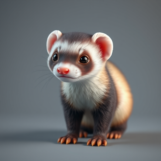 Create a high-resolution 3D render of a realistic ferret in a natural pose, with detailed fur textures and vibrant colors, using a Canon EOS R5 camera, 85mm lens, f/1.4 aperture, ISO 100, and soft diffused lighting to enhance shadows and highlights.