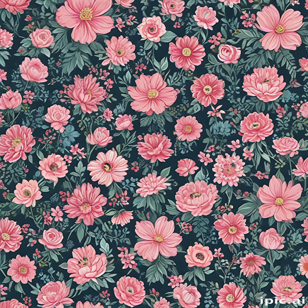 Vibrant Floral Pattern Featuring Pink Flowers on a Dark Background