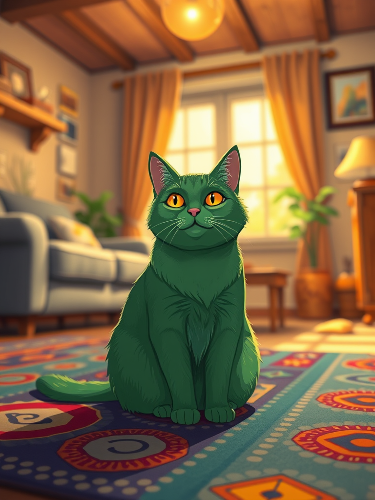 Create an illustrated image of a green cat sitting on a colorful rug in a cozy living room with warm lighting, capturing the scene with a Canon EOS R5 at f/2.8, ISO 100, with a 50mm lens in portrait mode for enhanced depth of field.