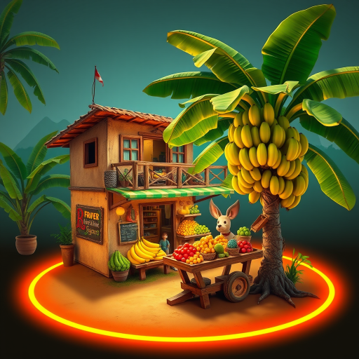 A vibrant tropical fruit market with a small, two-story building. A large banana tree stands nearby, with the fruit displayed on the balcony. The ground is surrounded by a glowing orange and yellow ring