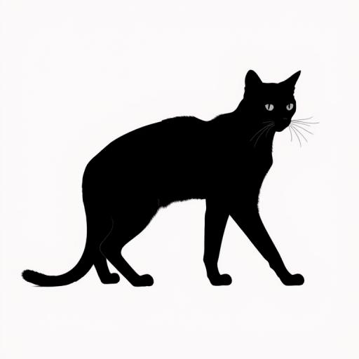 Create a detailed black silhouette of a cat with a sleek design against a plain background, shot with a Canon EOS R5 at f/2.8, ISO 100, 1/200s, in a portrait orientation to enhance the contours and elegance of the cat's form.