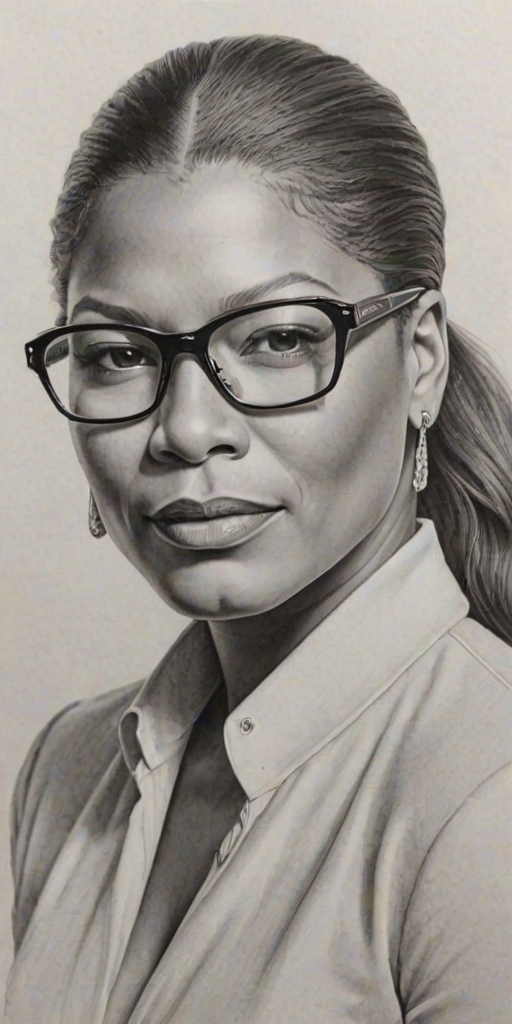 Exquisite Queen Latifah, pencil sketch, portrait of Enticing woman 1979s in glasses, hair style beatnik, outline, clear lines, fine lines, 8k