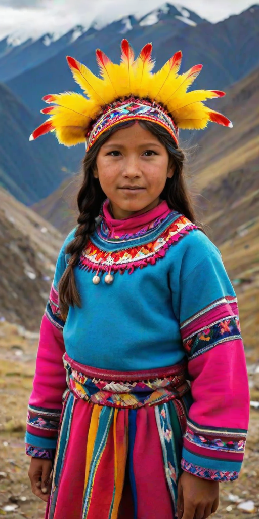 A beautiful Quechua girl, wearing colorful bird clothing with vibrant colors