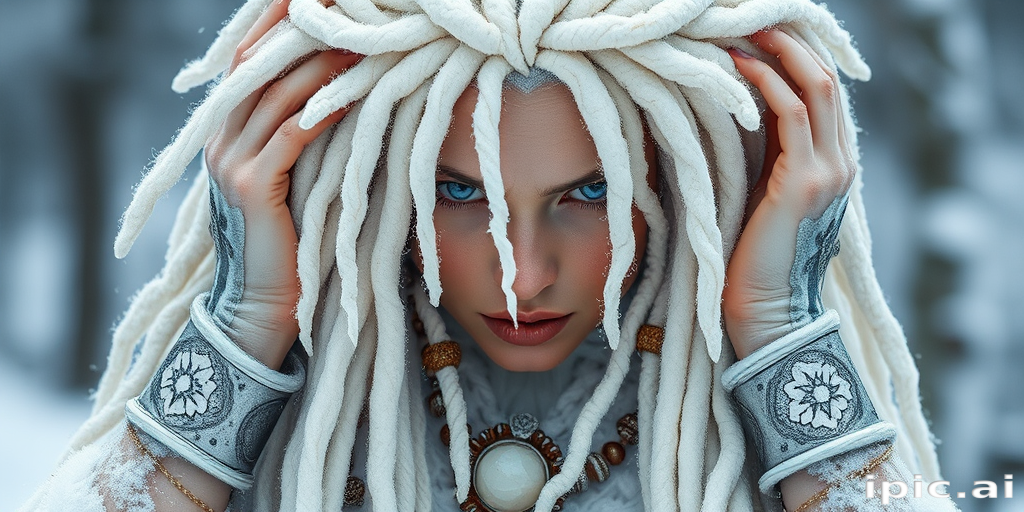 Icy white dreadlocks adorned with crystal beads and silver cuffs, radiating mystical energy and winter magic, aptly named Frost Shaman