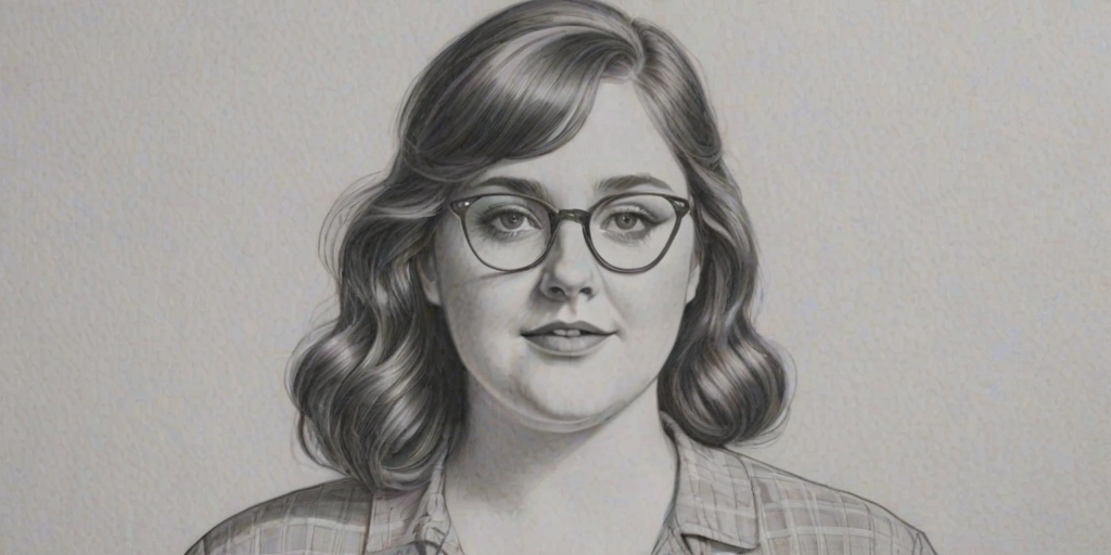 Lovely Aidy Bryant, pencil sketch, portrait of Alluring woman 1931s in glasses, hair style beatnik, outline, clear lines, fine lines, 8k