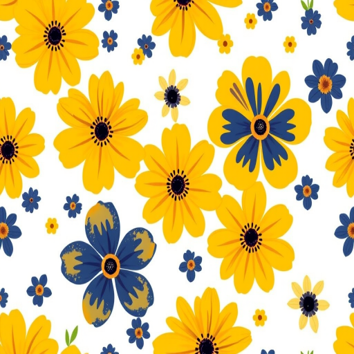 Create a seamless pattern of yellow and navy blue flowers with a flat design on a white background, shot with a DSLR camera at aperture f/8 for depth of field, ISO 100 for clarity, and a macro lens to focus on the details.