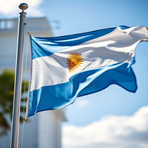 Generate an image of the Argentine flag waving in the wind, captured with a Canon EOS R5 at 50mm, f/1.8, ISO 100, with natural lighting and a shallow depth of field to enhance color vibrancy and detail.