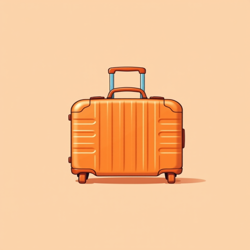 Create a vector illustration of an orange suitcase on a light peach background with a clean, minimalist design, use a Canon EOS 5D Mark IV camera with a 50mm f/1.8 lens, set aperture to f/8 for sharp detail, ISO at 100 for maximum quality, and a slight vignette effect for emphasis.