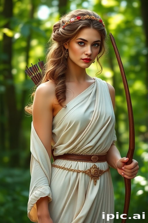 Create a portrait of a goddess-like female figure in a tranquil, forested environment. She has an elegant appearance with long, wavy hair styled in an updo and adorned with a delicate, floral headband. She wears a flowing, ancient Greek-inspired gown in a soft, pale color, featuring a one-shoulder design and draped fabric that accentuates her graceful form. The outfit includes a decorative belt with ornate gold detailing, and she holds a bow in her hand, with a quiver of arrows slung over her shoulder. The background depicts lush greenery, with sunlight filtering through the trees, casting a gentle, ethereal light on the scene. Her expression is calm and contemplative, embodying a sense of wisdom and serenity.