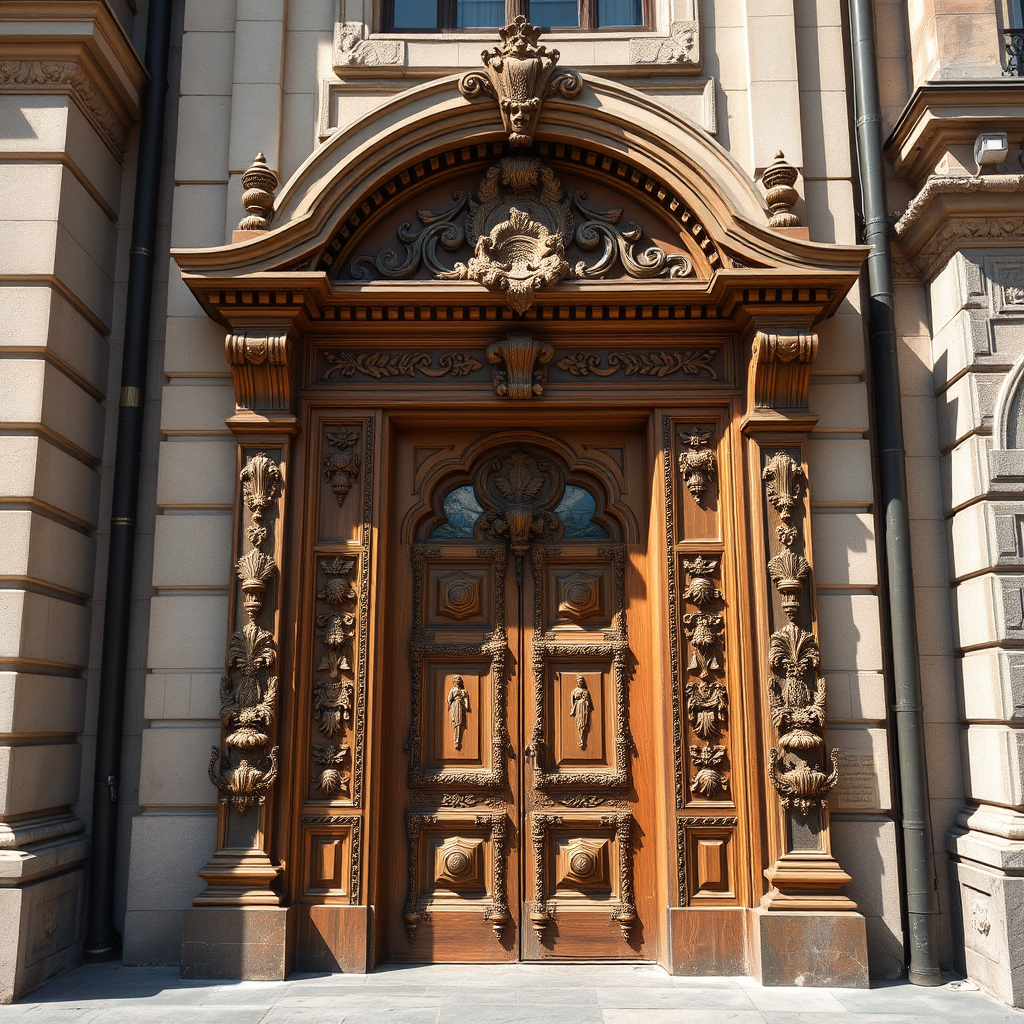 Generate a high-resolution image of an ornate wooden door on a historic building facade with intricate carvings, using a DSLR camera with a focal length of 35mm, aperture set to f/8 for sharp detail, ISO 100 for optimal light exposure, and a wide-angle view to capture the surrounding architecture in natural daylight.