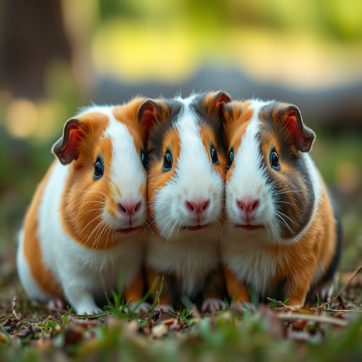 three adorable guinea pigs cuddling together in a natural outdoor setting, soft focus background, f/2.8 aperture, 50mm lens, ISO 200, shot in natural light with a shallow depth of field