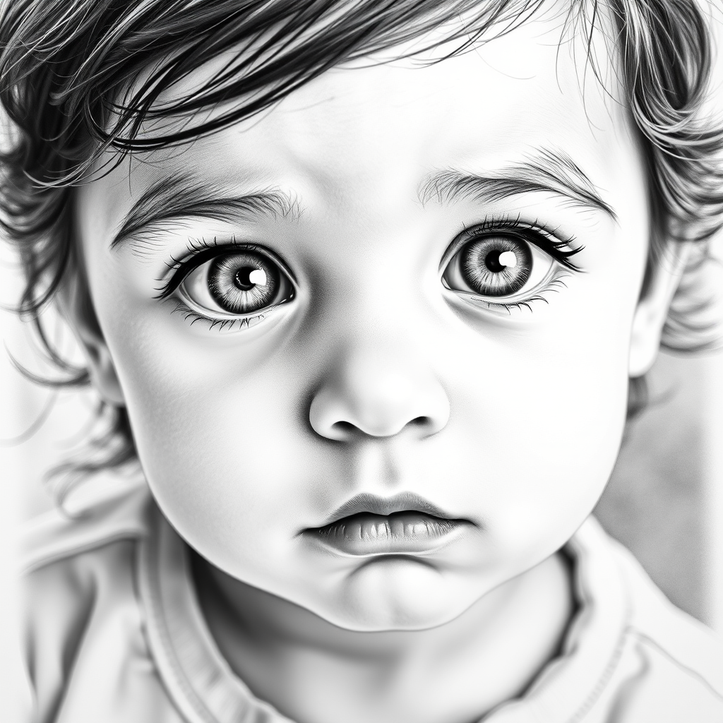 A hyperdetailed photorealistic black and white sketch of a beautiful toddler with deep white eyes, with a macro focus