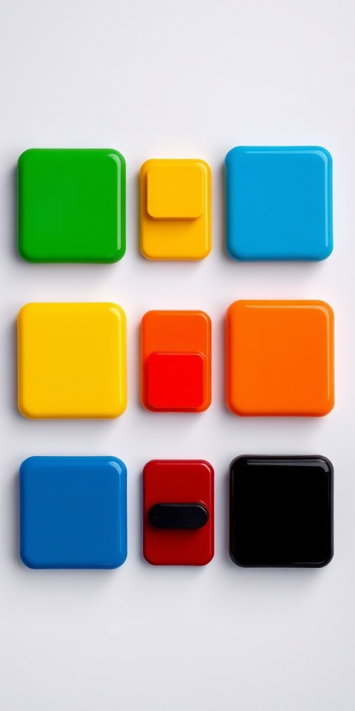 Create a vibrant image of six glossy square buttons arranged in two rows of three, with colors green, yellow, blue, orange, red, and black, using a Canon EOS R5 camera at f/8 aperture, ISO 100, and a focal length of 50mm, shot from a top-down view with soft lighting to enhance reflections and depth.