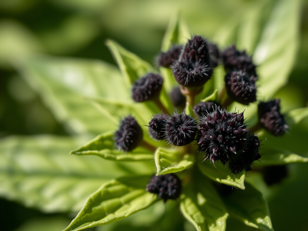 A detailed close-up of a flowering plant with dark, fuzzy blossoms and broad green leaves, captured in natural light, using a DSLR camera with a 50mm lens, aperture set to f/2.8, ISO 200, and a shallow depth of field for a soft background blur.