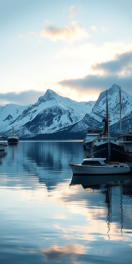 A serene harbor scene with snowy mountains reflecting in the water, captured at sunrise, using a DSLR camera with a 24mm lens, aperture set to f/11, ISO 100, shutter speed 1/125, and a wide-angle view to emphasize the landscape.