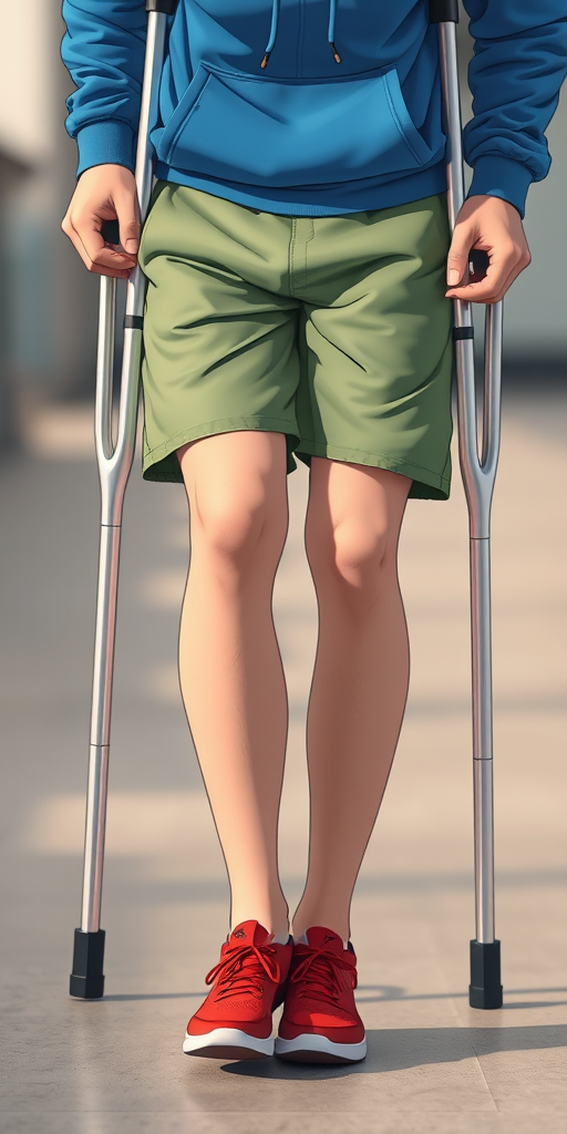 Create a high-resolution illustration of a person using crutches, wearing a blue hoodie, green shorts, and red shoes, shot in a close-up view with a shallow depth of field, using a DSLR camera with a 50mm lens at f/1.8, ISO 100, and a soft natural light setup.
