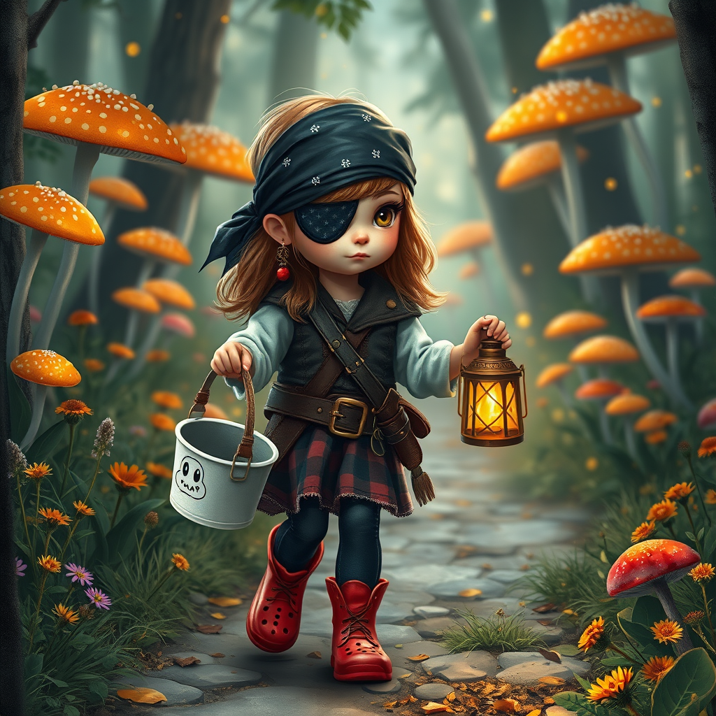 ultra detailed, photo realistic, painterly, of a little girl pirate, patch over one eye, black bandana over hair, walking and carrying an white ghost bucket and a lantern in the other hand, with bright red croc shoes, background path in the enchanted forest, wildflowers, colorful mushrooms misty hues of black and orange with bright gold glitter, ultra detailed