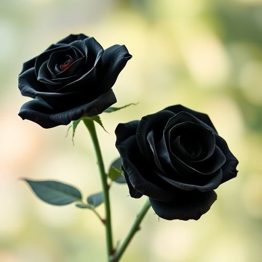 Create a high-resolution image of two stylized black roses on a transparent background, captured with a 50mm lens, f/1.8 aperture, ISO 100, in soft natural light, using a DSLR camera with a macro setting for enhanced detail.