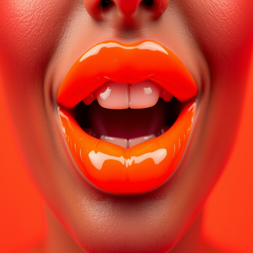 Vivid neon orange lips with high-shine gloss, exaggerated fullness and volume, statement-making brightness, energetic and playful Tangerine Glow Pop look