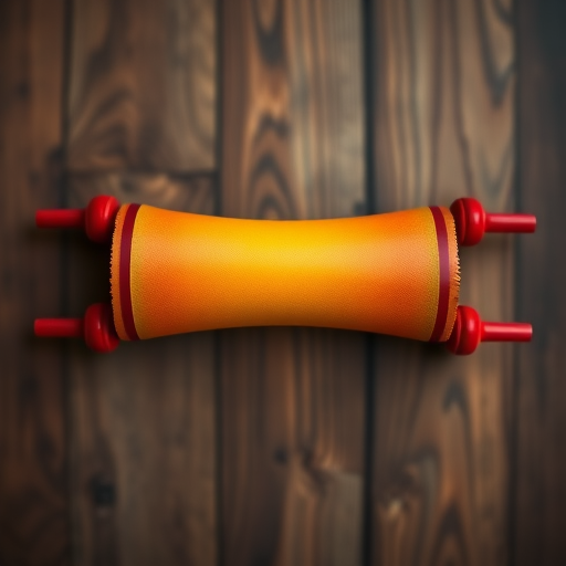 Create a high-resolution image of a decorative scroll with red ends, featuring a gradient from orange to yellow in the body, shot with a DSLR camera at f/2.8, ISO 100, with a shallow depth of field and a top-down view to enhance details and colors.