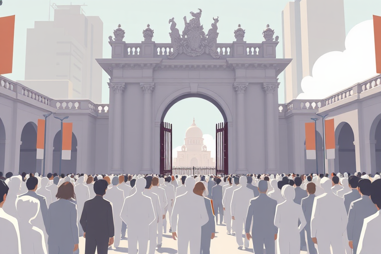 create a high-quality illustration of a crowd of minimalist figures facing a large, ornate gate in a stylized urban setting, use a wide-angle lens at f/8, ISO 100, 50mm focal length, shot from a low angle to emphasize the crowd and architecture