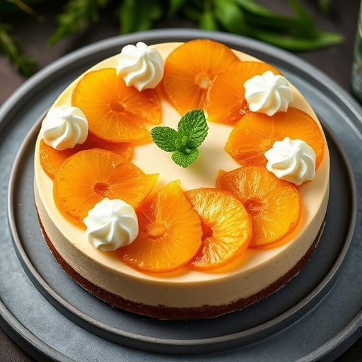Create an image of a beautifully decorated cheesecake topped with caramelized pineapple slices and orange segments arranged in a circular pattern with whipped cream swirls and a sprig of fresh mint on top. The cake is on a gray plate with a textured surface, and there are hints of greenery in the background.