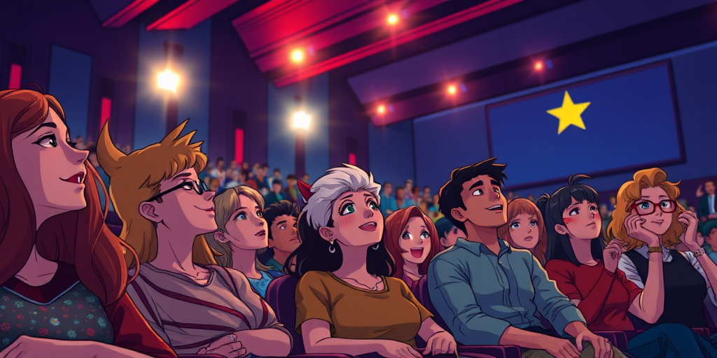 anime style illustration of a movie theater audience with diverse characters enjoying a film, bright theater lights shining, vibrant colors, depth of field effect, camera settings: f/2.8, ISO 400, shutter speed 1/60, camera view: wide-angle, camera style: cinematic, camera type: DSLR
