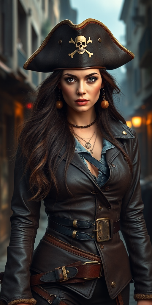 Create a portrait of a fierce female pirate. She wears a leather tricorn hat adorned with a skull and crossbones emblem, and her long, dark hair flows around her face. Her outfit consists of a richly detailed leather jacket, a corset, and multiple layers of belts and accessories, giving her a formidable and stylish appearance. She stands confidently in a dimly lit, historic port town, with a backdrop of weathered buildings and cobblestone streets, capturing the adventurous spirit of a pirate.