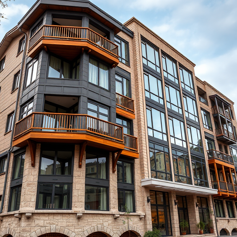 regenerate an image of a multi-story building with a modern design featuring large windows, wooden balconies, and decorative stone details, shot with a DSLR camera at f/8, ISO 200, 24mm lens, in HDR style, from a slight low angle view to emphasize architectural features and clarity