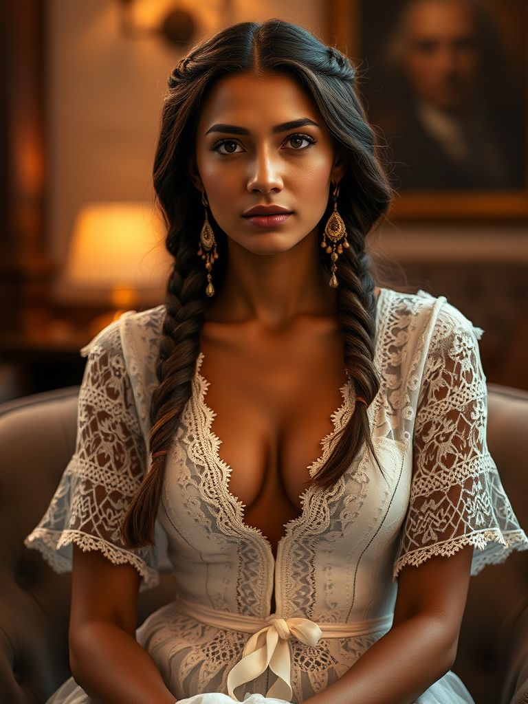 Create a portrait of a refined and elegant Aztec woman seated in a sophisticated setting. She has long, wavy hair styled in two thick braids that are pulled over her shoulders. She wears a white, lace gown with intricate patterns, featuring a deep V-neckline and short sleeves. The dress exudes a vintage charm with its delicate lacework. She is adorned with ornate, dangling earrings that add a touch of glamour to her appearance. The background is softly lit, with warm, ambient lighting that creates a cozy and inviting atmosphere. Her expression is poised and serene, capturing a sense of grace and elegance.