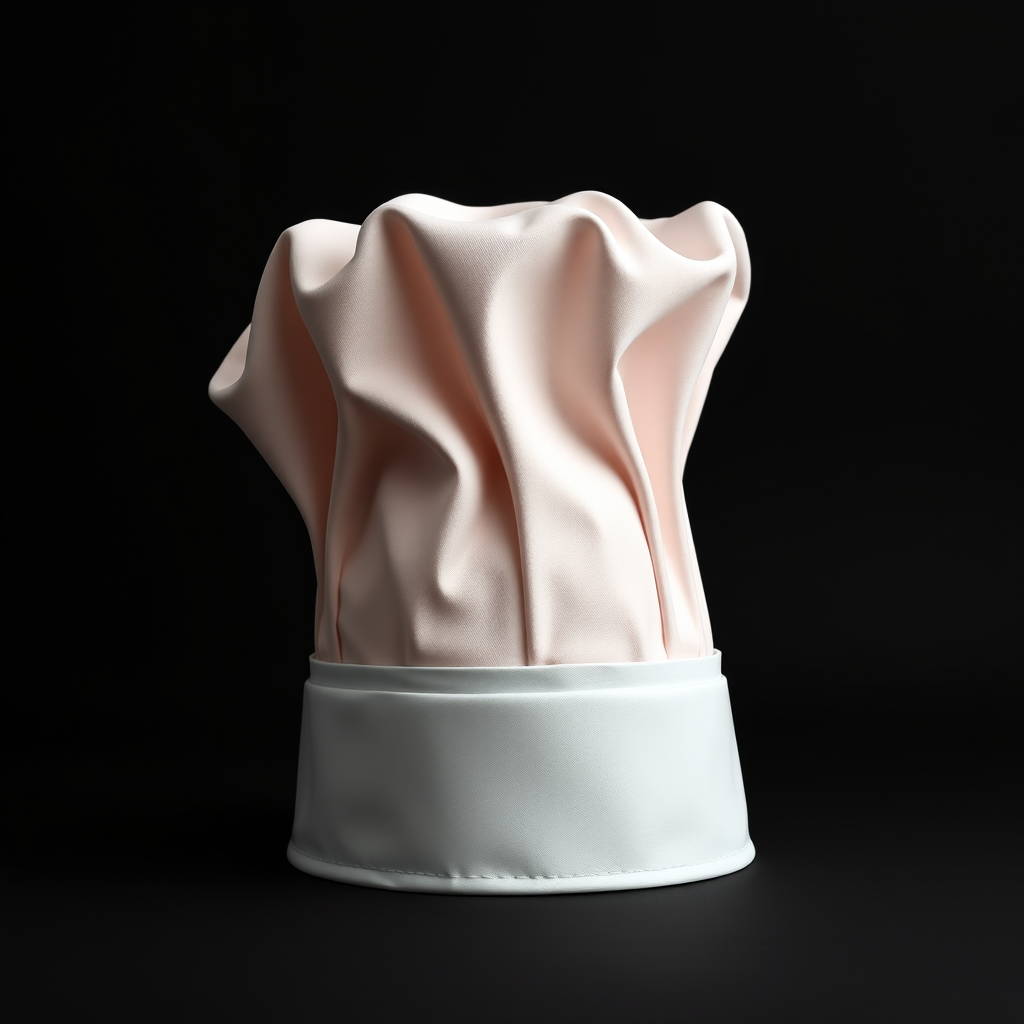 Create a high-resolution image of a chef's hat with a glossy finish and vibrant color on a black background, using a DSLR camera with a 50mm lens, aperture set to f/2.8, ISO 100, and a softbox lighting setup.