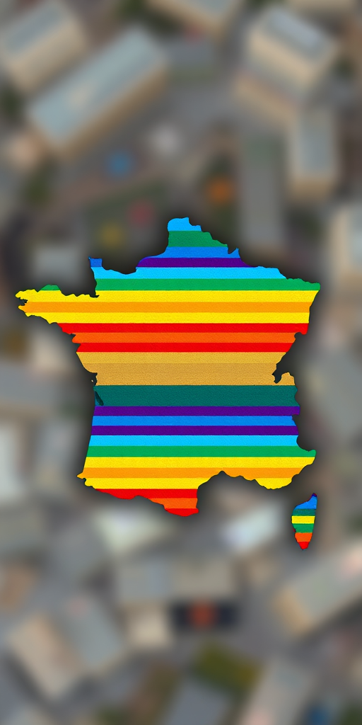 Create a vibrant illustration of the map of France filled with horizontal rainbow stripes, shot using a DSLR camera at 50mm focal length, aperture f/2.8, ISO 100, from a top-down view, with a soft bokeh background for enhanced color contrast.