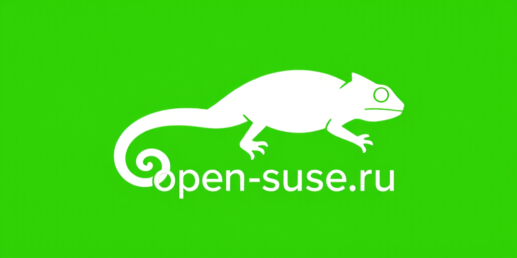 Create a minimalist logo of a chameleon in white silhouette on a vibrant green background with the text "open-suse.ru" in a modern font, using a DSLR camera, aperture f/2.8, ISO 100, 35mm lens, and a slightly elevated angle for a clean, professional look.