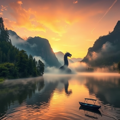 Create an epic scene of a mythical dragon rising from a misty lake surrounded by dense forests and towering cliffs at sunset, with a small boat in the foreground, captured with a Canon EOS R5, ISO 200, f/8, 1/250s, wide-angle lens, HDR style.