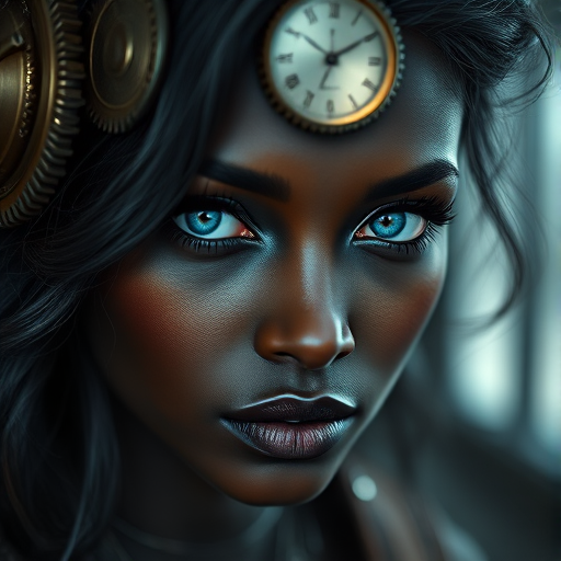 Create a high-resolution image of a woman with dark skin and striking blue eyes, featuring metallic gears and a clock integrated into her hair, shot with a Canon EOS R5 at f/1.8, ISO 100, 50mm lens, using dramatic lighting and a shallow depth of field for a cinematic effect.