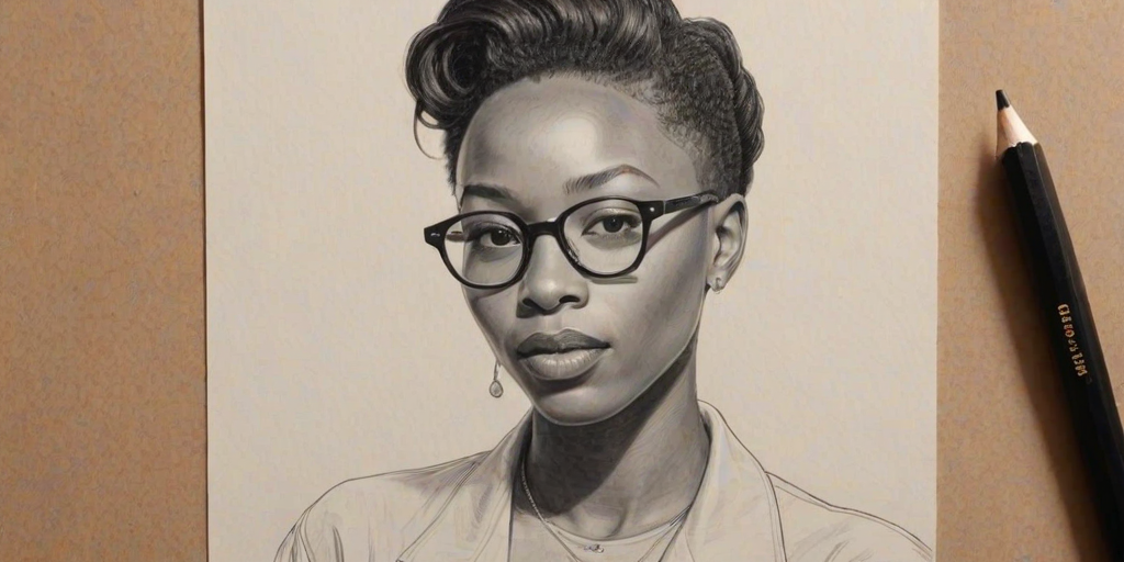 Charming Ashton Sanders, pencil sketch, portrait of Radiant woman 1953s in glasses, hair style beatnik, outline, clear lines, fine lines, 8k