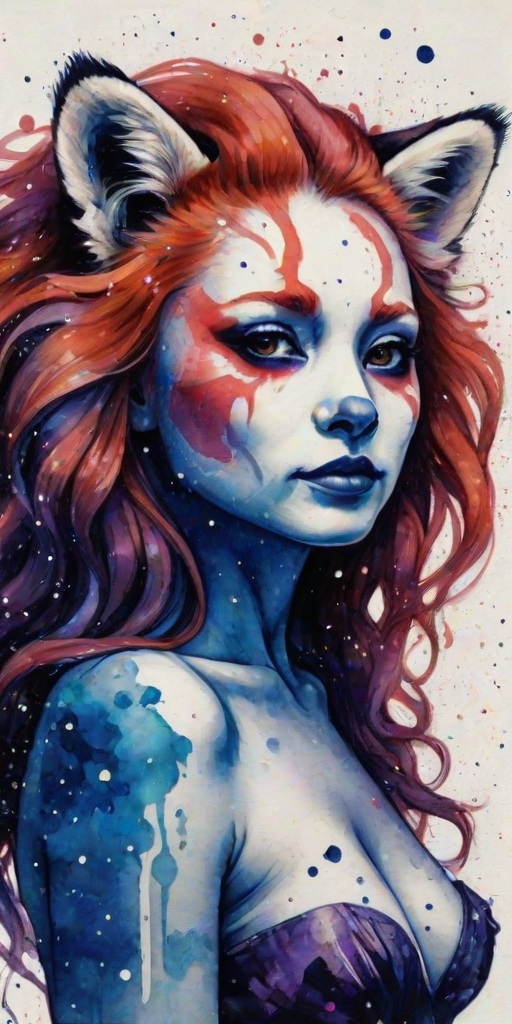 Captivating conceptual render alcohol ink art, double exposure, the paint strokes artfully merge combining a woman's full silhouette with a Radiant red panda's silhouette. The figures are composed of a series of colored dots, lines & spots that evoke the image of a cosmic galaxy, colors are deep shades of blue purple & black with flashes of white & silver representing distant stars. The woman's silhouette is formed within the lion's silhouette from constellations of scattered stars, surreal