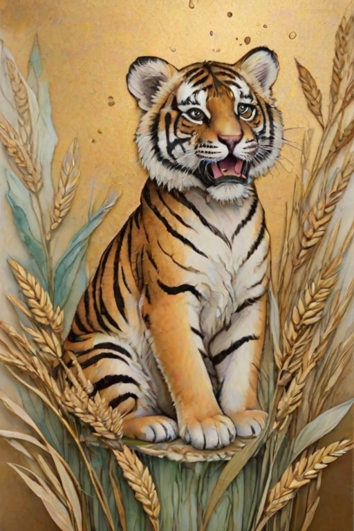 Soft, muted Alcohol Ink with ebru effect background image of tiny whimsical tiger, who climbed high on the top of a golden rye ear.