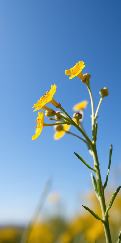 Capture a close-up of a flowering yellow plant against a clear blue sky, using a DSLR camera with a 50mm lens, aperture set to f/2.8 for a shallow depth of field, shutter speed at 1/200s, ISO 100, shooting in natural light.