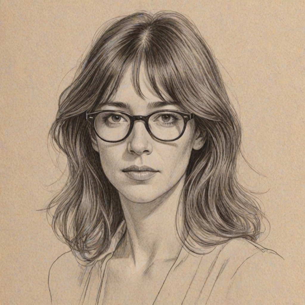 Appealing Charlotte Gainsbourg, pencil sketch, portrait of Wonderful woman 1941s in glasses, hair style beatnik, outline, clear lines, fine lines, 8k