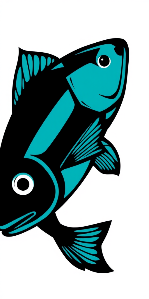 Create a high-resolution digital illustration of a stylized fish design with vibrant teal and black colors, captured with a DSLR camera at f/8, 50mm lens, ISO 100, in natural light, focusing on sharp details and contrasting shapes.