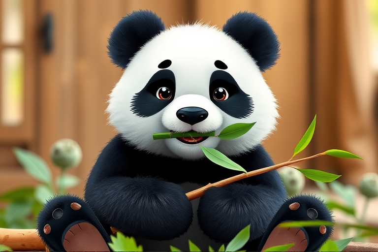 Create a cute cartoon panda sitting with bamboo in its mouth, vibrant colors, high detail, 4K resolution, shot from a low angle, using a DSLR camera with a 50mm lens, f/1.8 aperture, ISO 100.