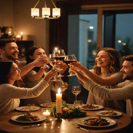Warmly lit image of a group of friends toasting with wine glasses around a dinner table, soft glow from candles casting warm shadows on their faces, the smell of roasted food and laughter filling the air.