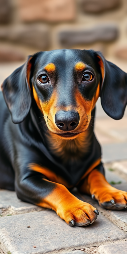 Generate an image of a black and tan Dachshund lying on a stone surface, captured with a DSLR camera, wide aperture of f/2.8, shutter speed 1/100s, ISO 200, natural daylight, shallow depth of field, focused on the dog's face.