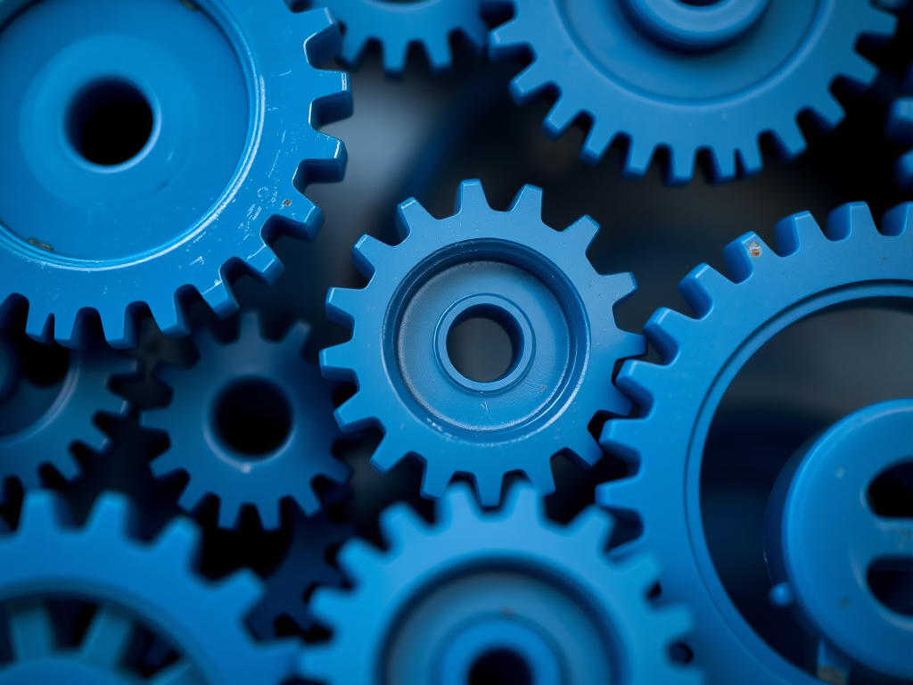 Create an image of blue gears of varying sizes, focus on a clean and modern design, use a Canon EOS R5, 50mm lens, f/2.8 aperture, ISO 100, and a soft focus background to enhance clarity and contrast.