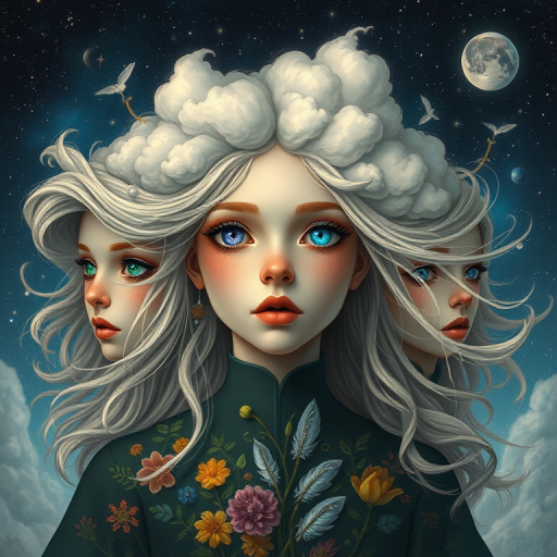 Create a series of imaginative portraits where each subject is infused with elements of fantasy and nature. The hair of the individuals should flow like clouds, varying from soft, fluffy cumulus to wispy cirrus strands, with hints of color reflecting a sunset or a clear blue sky. The eyes should be windows to entire galaxies, with stars, nebulae, and distant planets visible within them. Clothing should be adorned with nature motifs, such as floral patterns that bloom and change, vines that seem to grow and wrap around, or feathers that shimmer with iridescence. Each portrait should capture a unique personality, blending human features with the ethereal beauty of the natural and cosmic world. The backgrounds can vary, from starry night skies to enchanted forests, adding depth and context to the magical realism of the portraits
